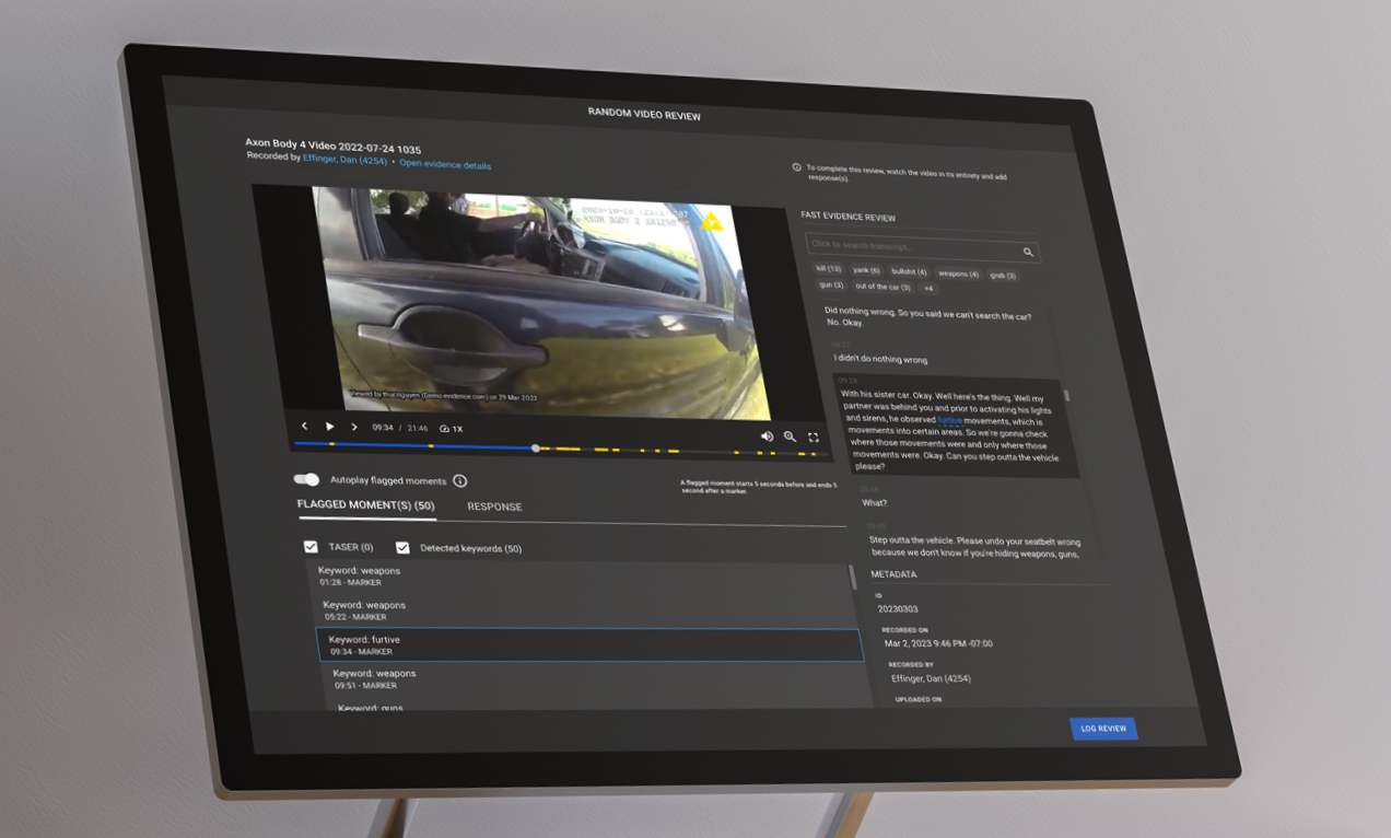 A desktop display of Axon Random Video Review from an Axon Body 4 camera